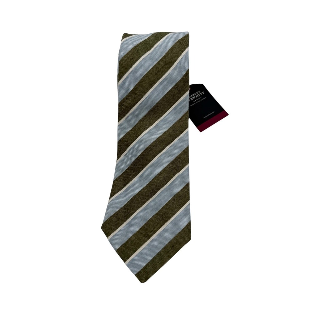 Charles Tyrwhitt Tie Linen Sz 58x3 Silk Green/Blue Stripe London (TD19) NWTs